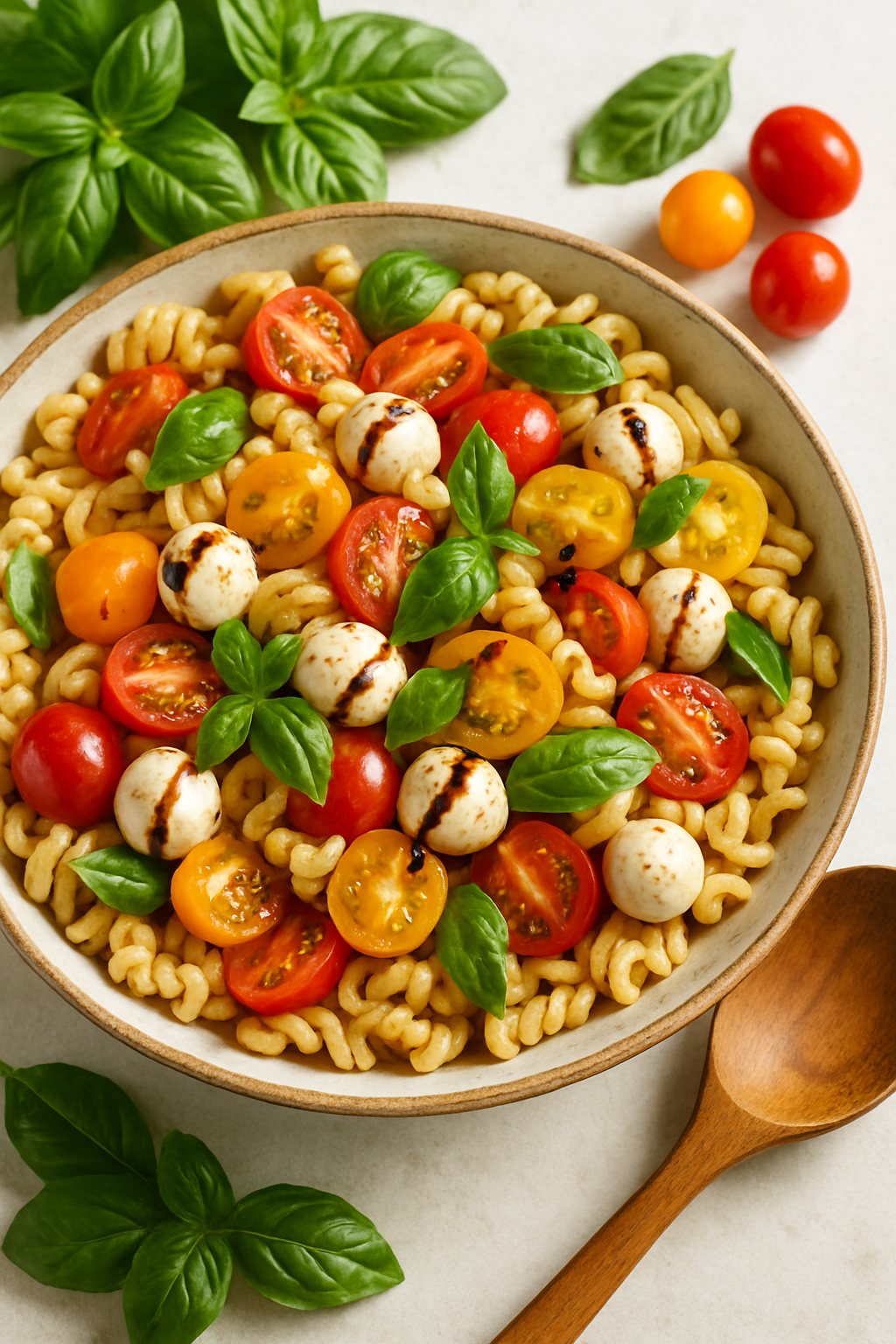 A colorful bruschetta pasta salad with cherry tomatoes, mozzarella, and basil in a rustic bowl.